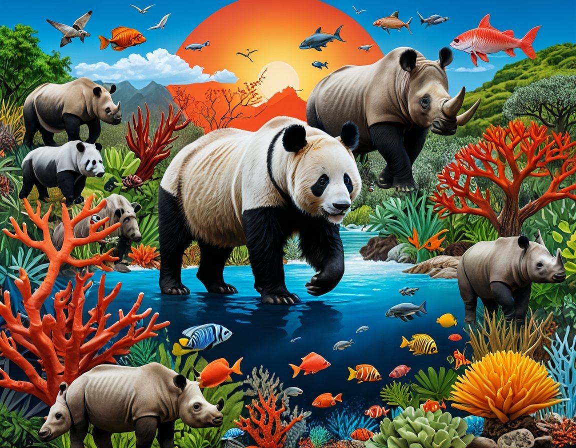 A colorful collage representing various endangered species, including a panda, a rhinoceros, and a coral reef, interspersed with the IUCN Red List logo. The background features a roadmap intertwining with ecosystems and biodiversity icons, symbolizing strategic planning. Bright and engaging, the composition should emphasize the importance of conservation efforts. super-realistic. vibrant colors. 3D.