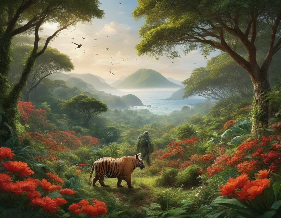 A tranquil forest scene featuring various endangered species like tigers, rhinos, and sea turtles, each highlighted with a faint glow to represent their significance on the IUCN Red List. In the background, a researcher observes wildlife with a binocular, symbolizing conservation efforts. Lush greenery and vibrant flowers surround the scene, showcasing biodiversity. Infographics of the IUCN Red List subtly integrate into the environment. super-realistic. vibrant colors. nature-inspired.